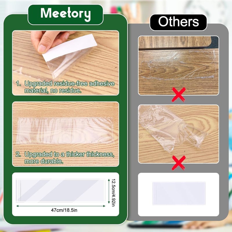 Meetory 40 PCS Upgraded Nameplate Pocket, 18.5" x 4.9" Self Adhesive Desk Nameplates Name Tag- Pocket, No Residue Clear Plastic View Name Tag- Sleeves for Classroom Desk, Office Supplies. - Image 3